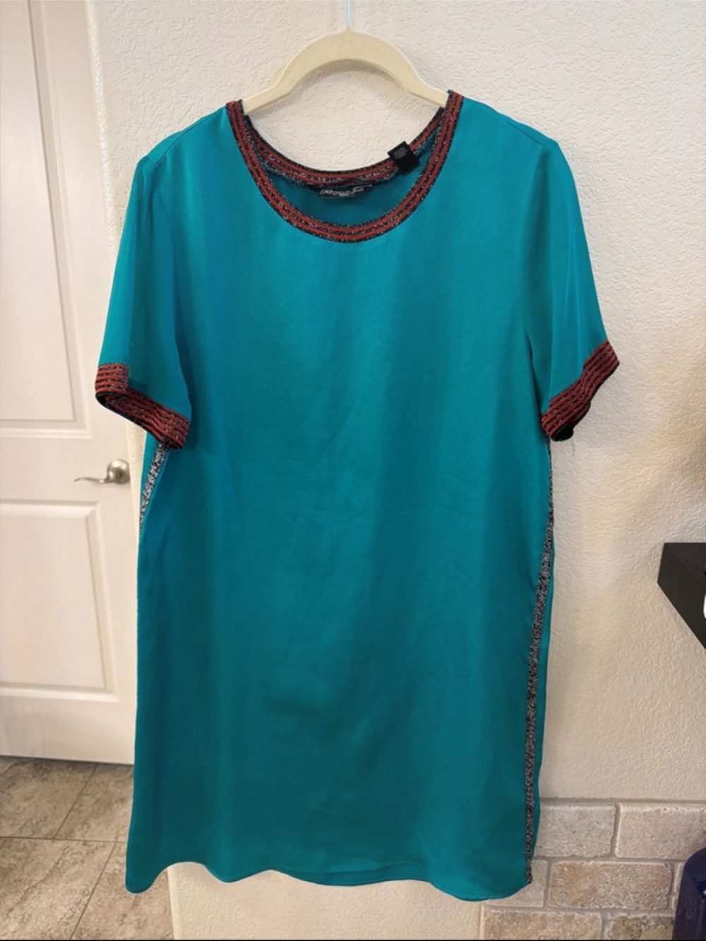 Scotch & Soda Teal Short-Sleeve Mini Dress with Rust Trim
